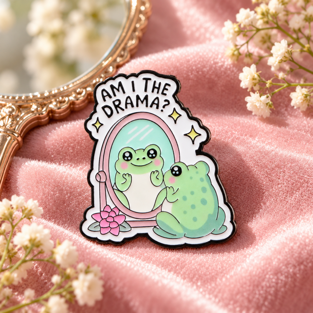 Am I the Drama frog enamel pin displayed on pink velvet beside a hand mirror and flowers