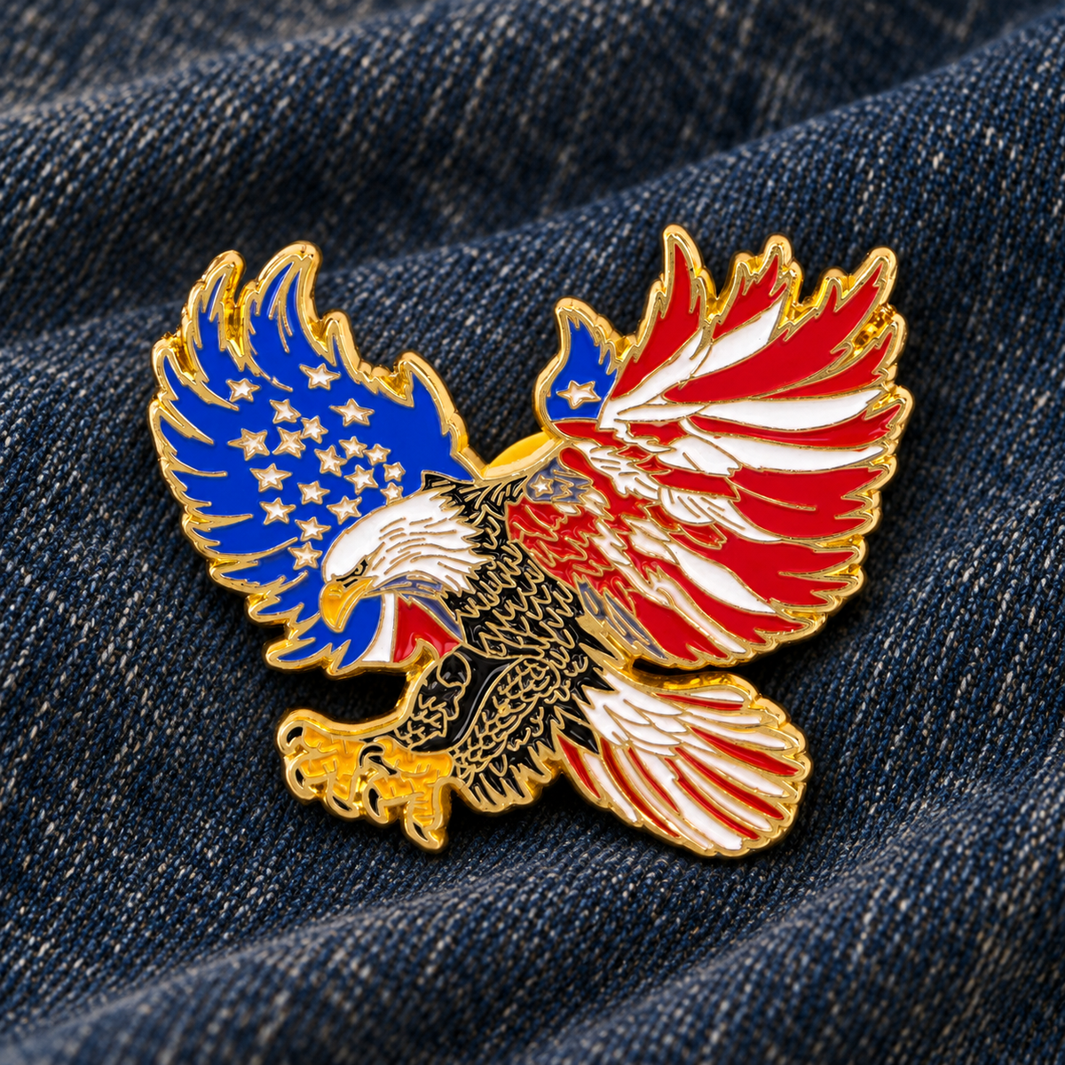 American Flag Bald Eagle Pin on indigo denim