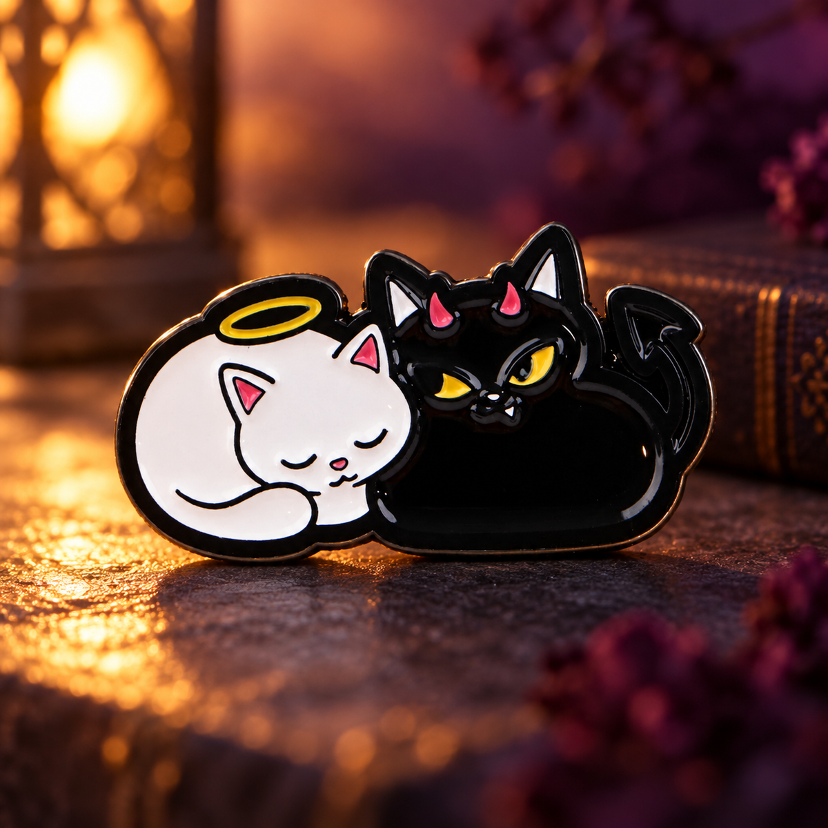 Angel & Devil Cats Pin enamel pin on a themed background