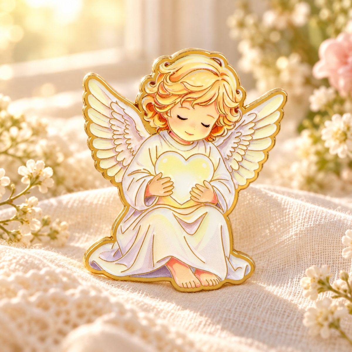 Angel Holding a Heart Pin on soft ivory linen