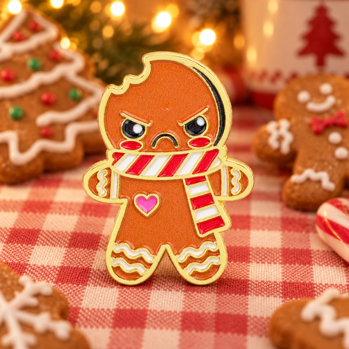 Angry Gingerbread Man enamel pin in a cozy holiday bakery scene