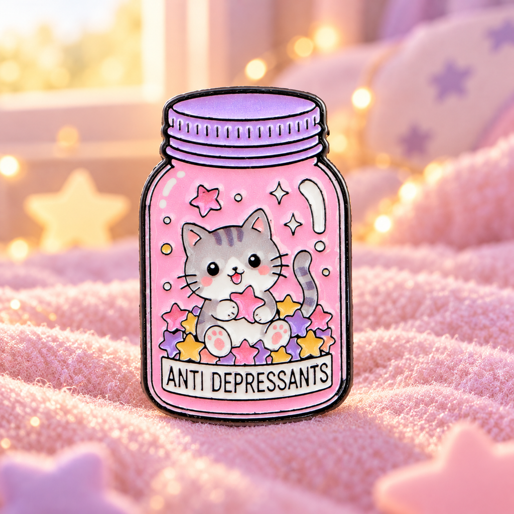 Pink Antidepressants Kitten Jar enamel pin in a cozy pastel scene