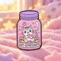Pink Antidepressants Kitten Jar enamel pin in a cozy pastel scene