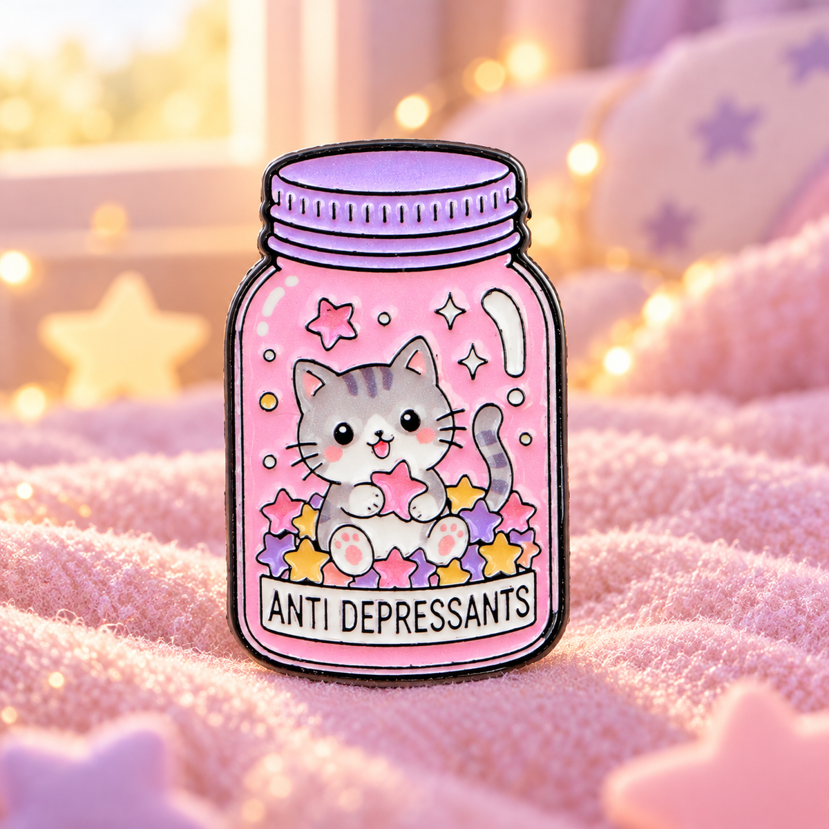 Pink Antidepressants Kitten Jar enamel pin in a cozy pastel scene