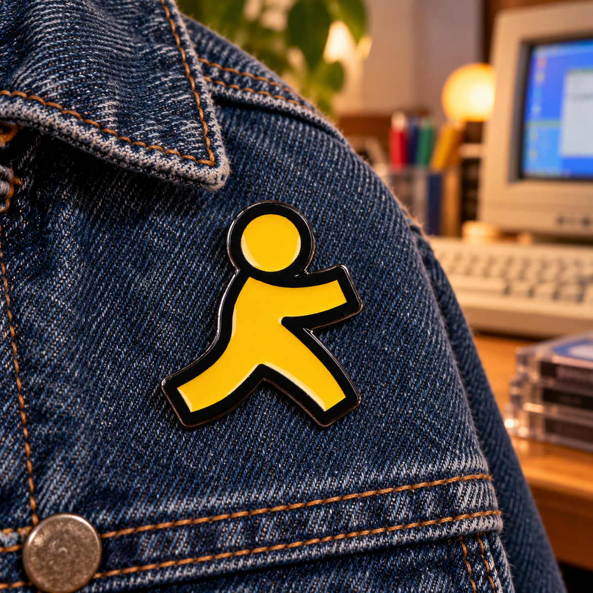 Pin AOL Running Man sur veste en denim