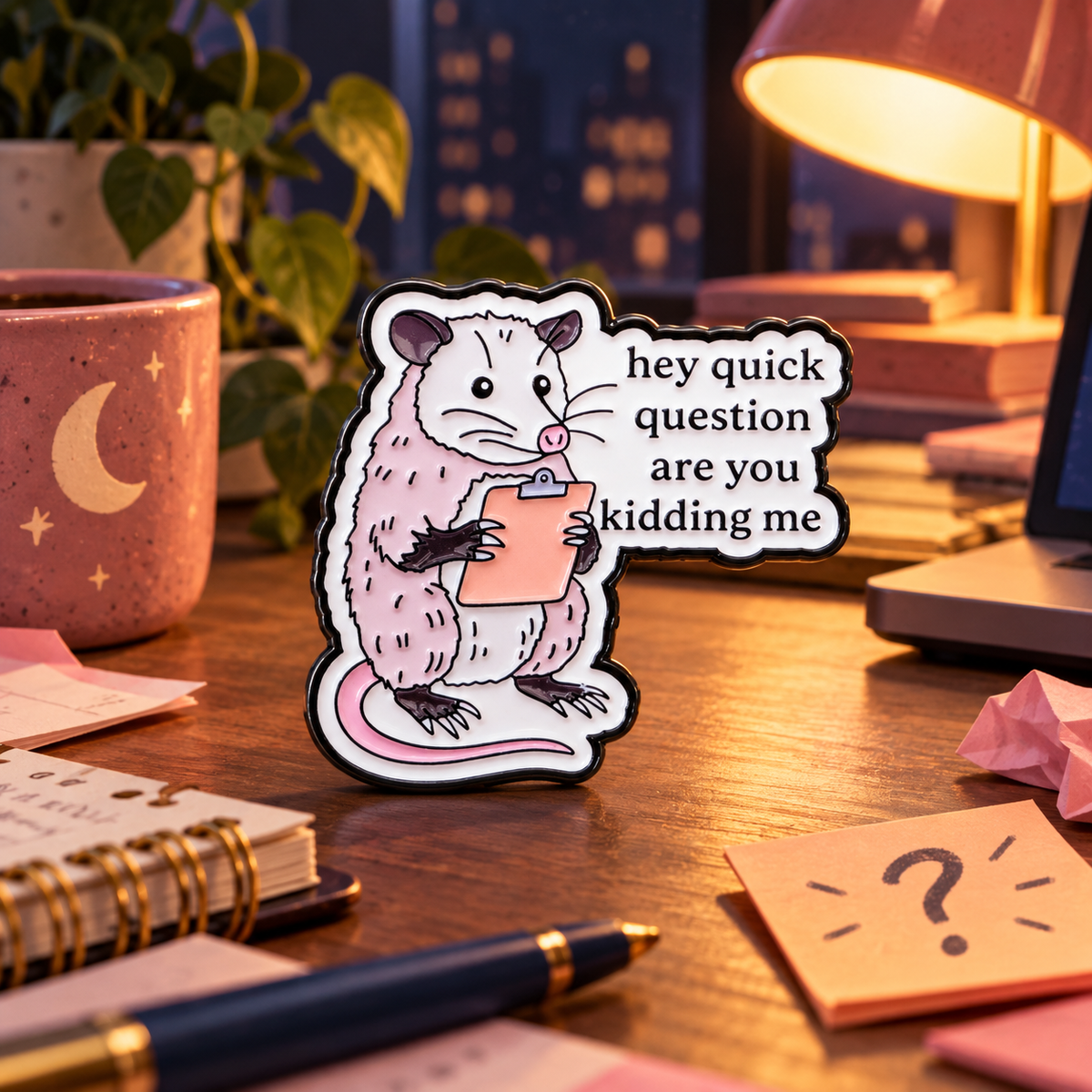 Are You Kidding Me Opossum enamel pin on a cozy late-night desk