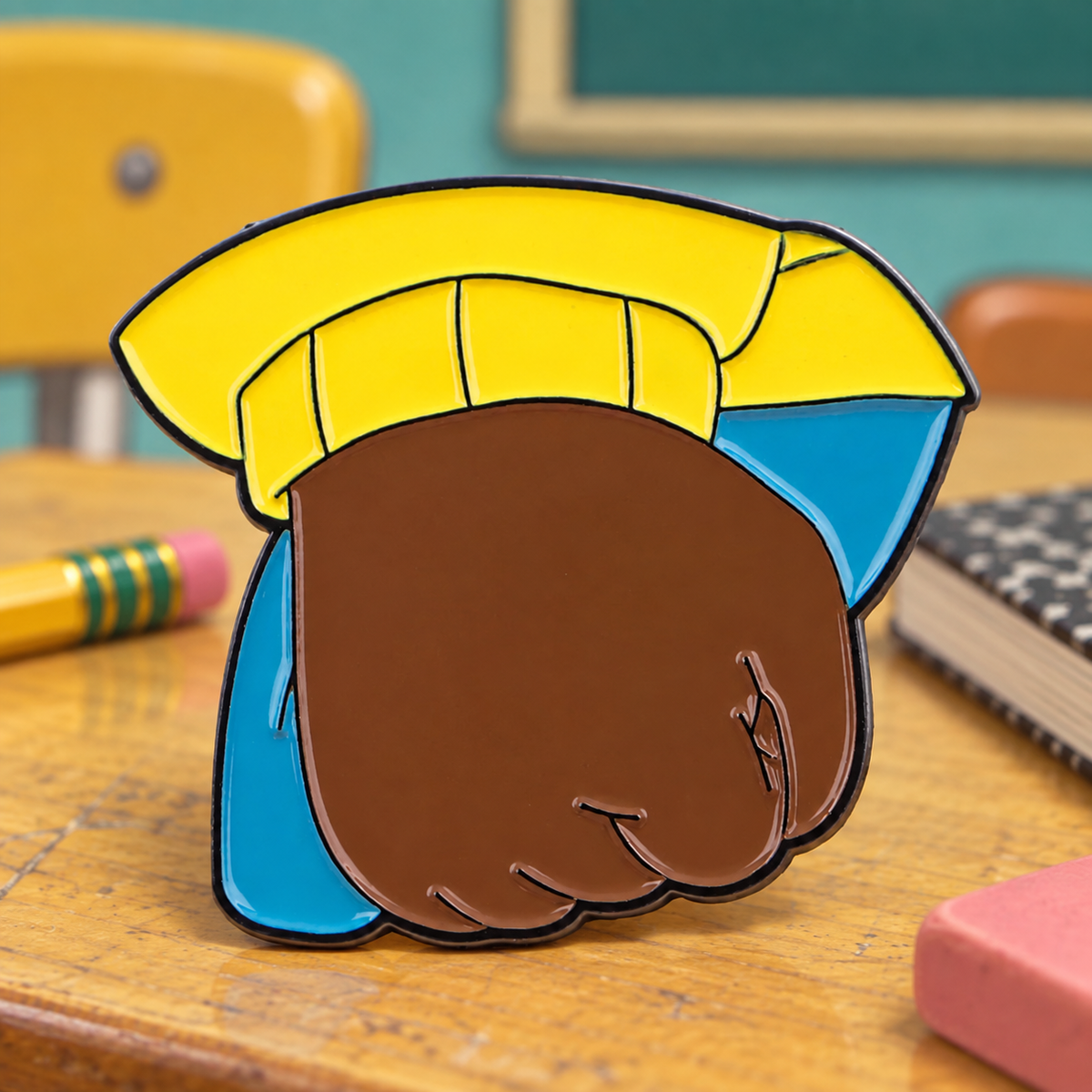 Arthur Fist Meme Pin on a nostalgic school desk