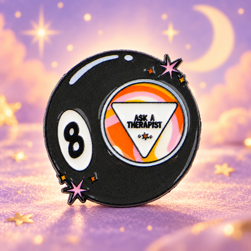Ask a Therapist Magic Eight Ball enamel pin on a dreamy celestial background