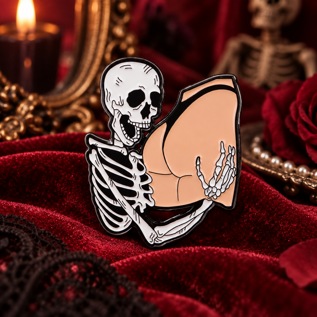 Ass Skeleton Pin enamel pin on a themed background