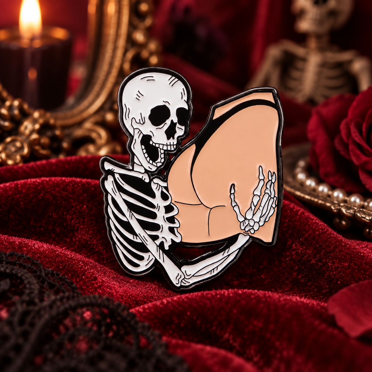 Ass Skeleton Pin enamel pin on a themed background