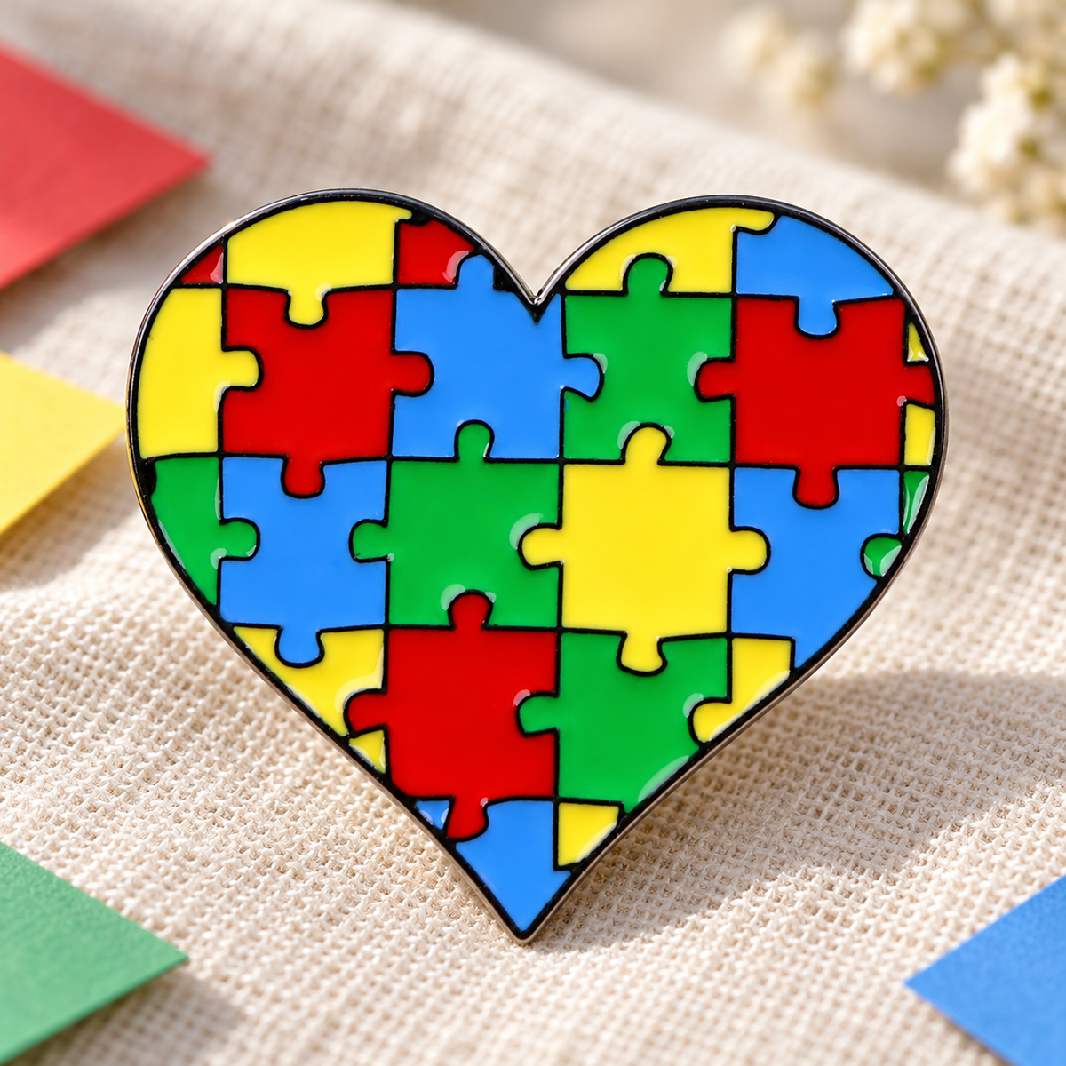 Autism Awareness Puzzle heart enamel pin on neutral linen