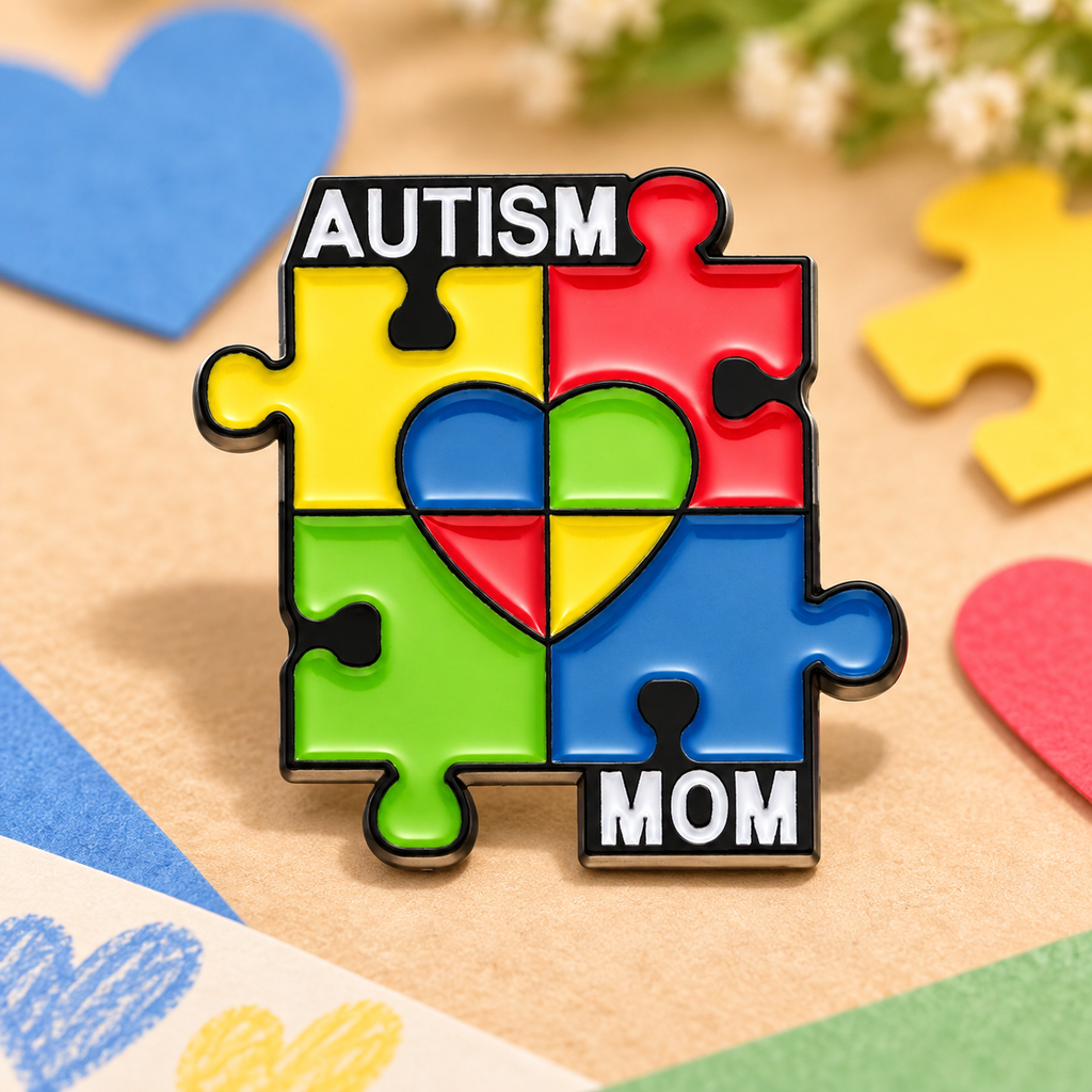 Autism Mom Puzzle Pin — styled product photo