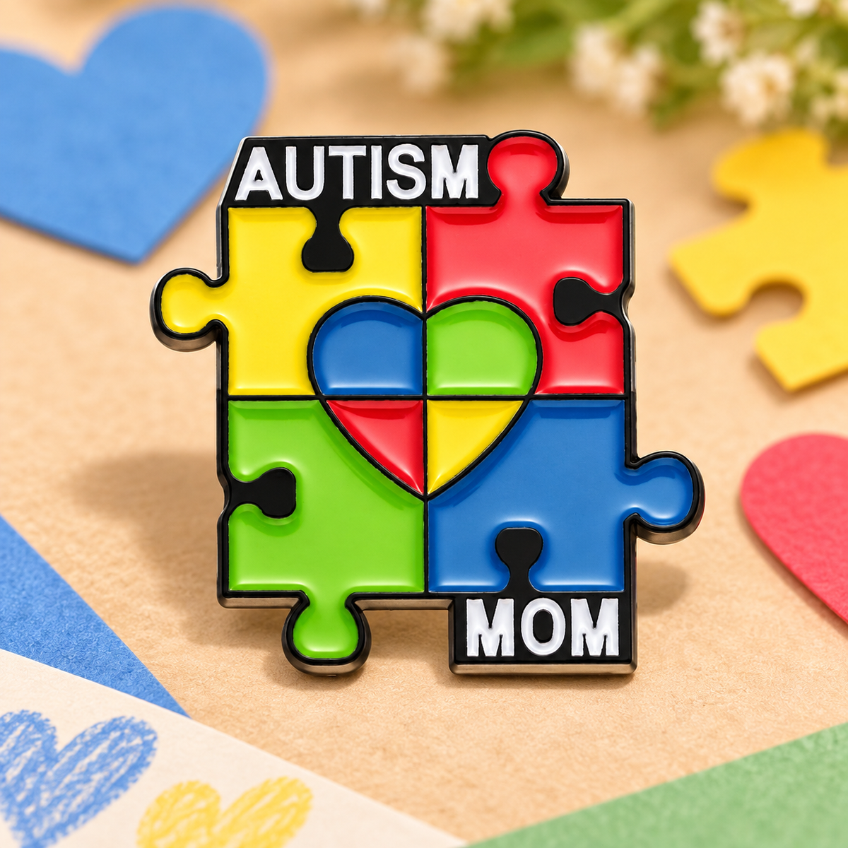 Autism Mom Puzzle Pin — styled product photo