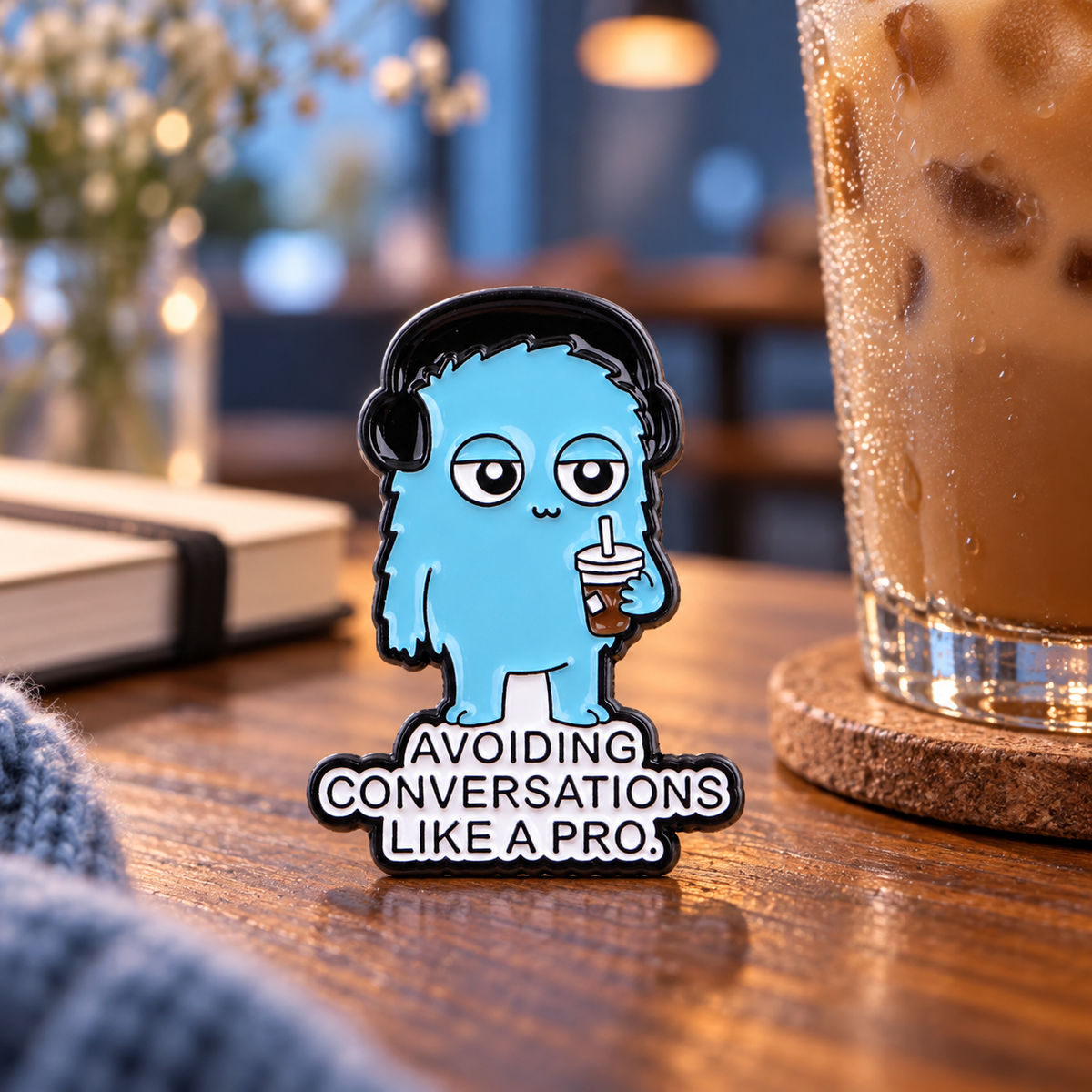 Avoiding Conversations Like a Pro Monster Pin enamel pin on a themed background