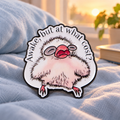 Awake But at What Cost baby bird enamel pin on blue linen at sunrise
