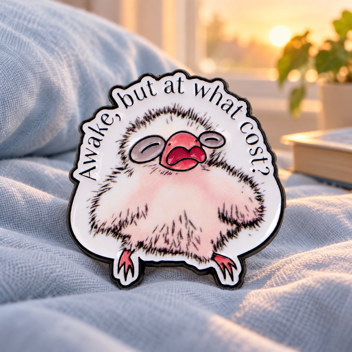 Awake But at What Cost baby bird enamel pin on blue linen at sunrise