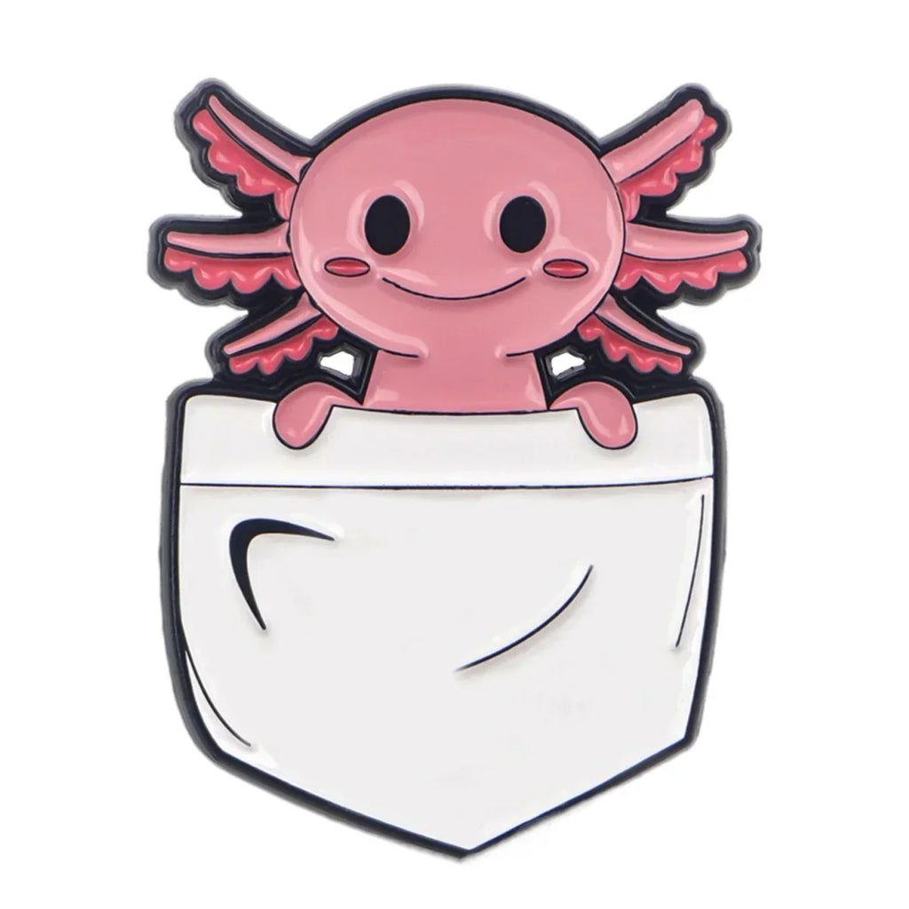 Pink axolotl character in a pocket on a white background