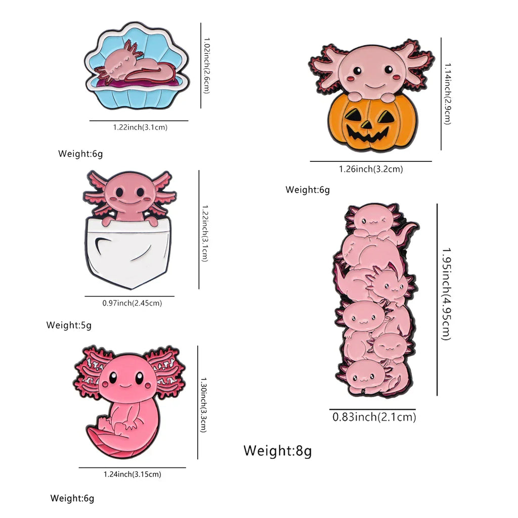 Illustrations of pink axolotl-like creatures with measurements and weights on a white background