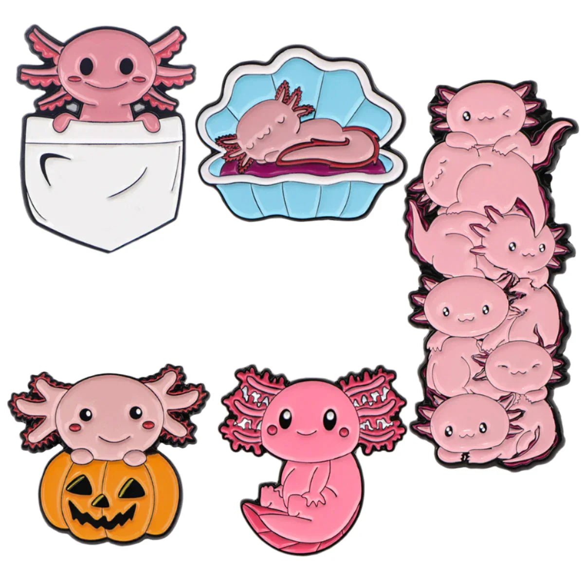 Set of pink axolotl illustrations on a gray background