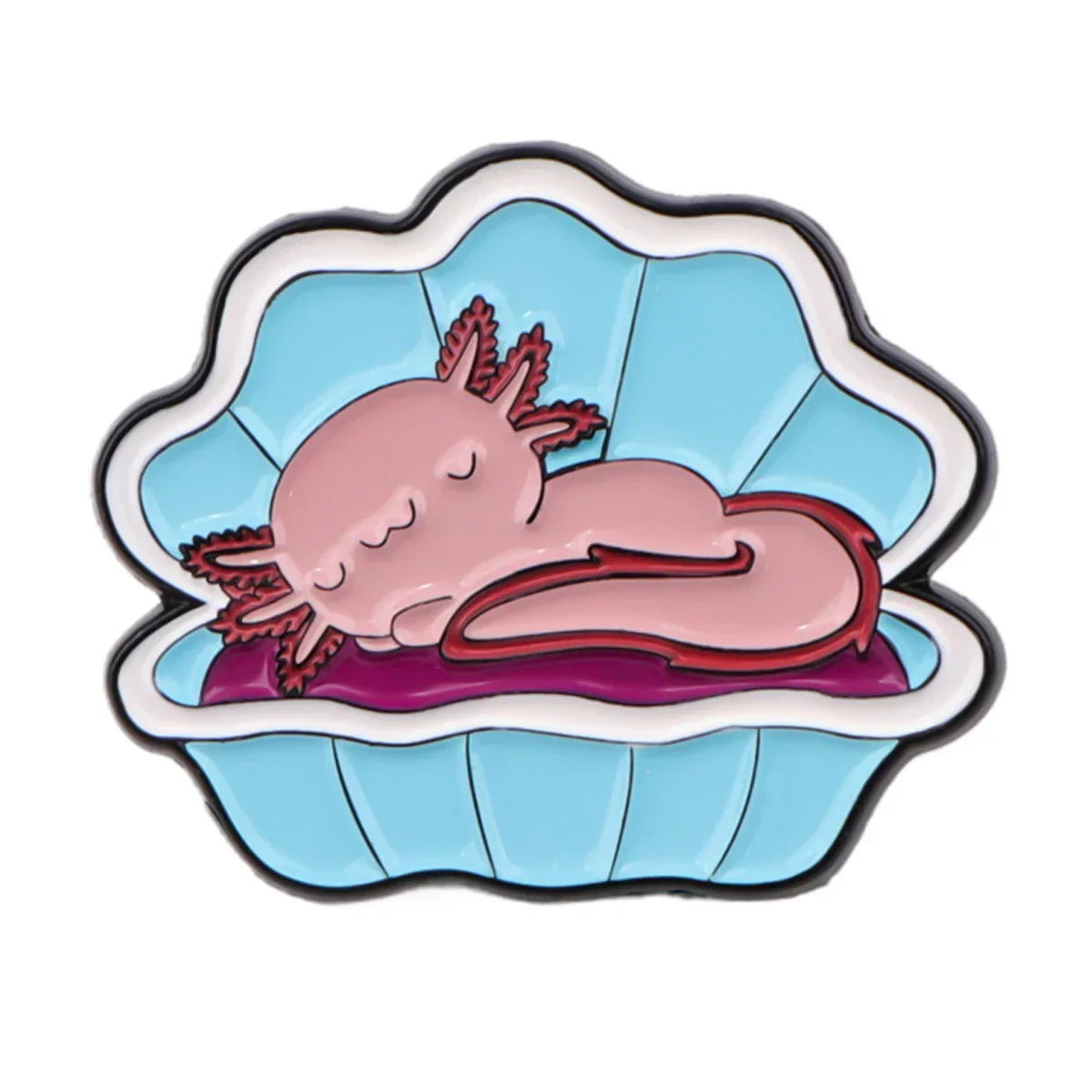 Illustration of a pink axolotl in a blue shell on a white background