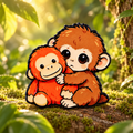 Baby Monkey Hugging a Toy enamel pin in a softly sunlit jungle scene