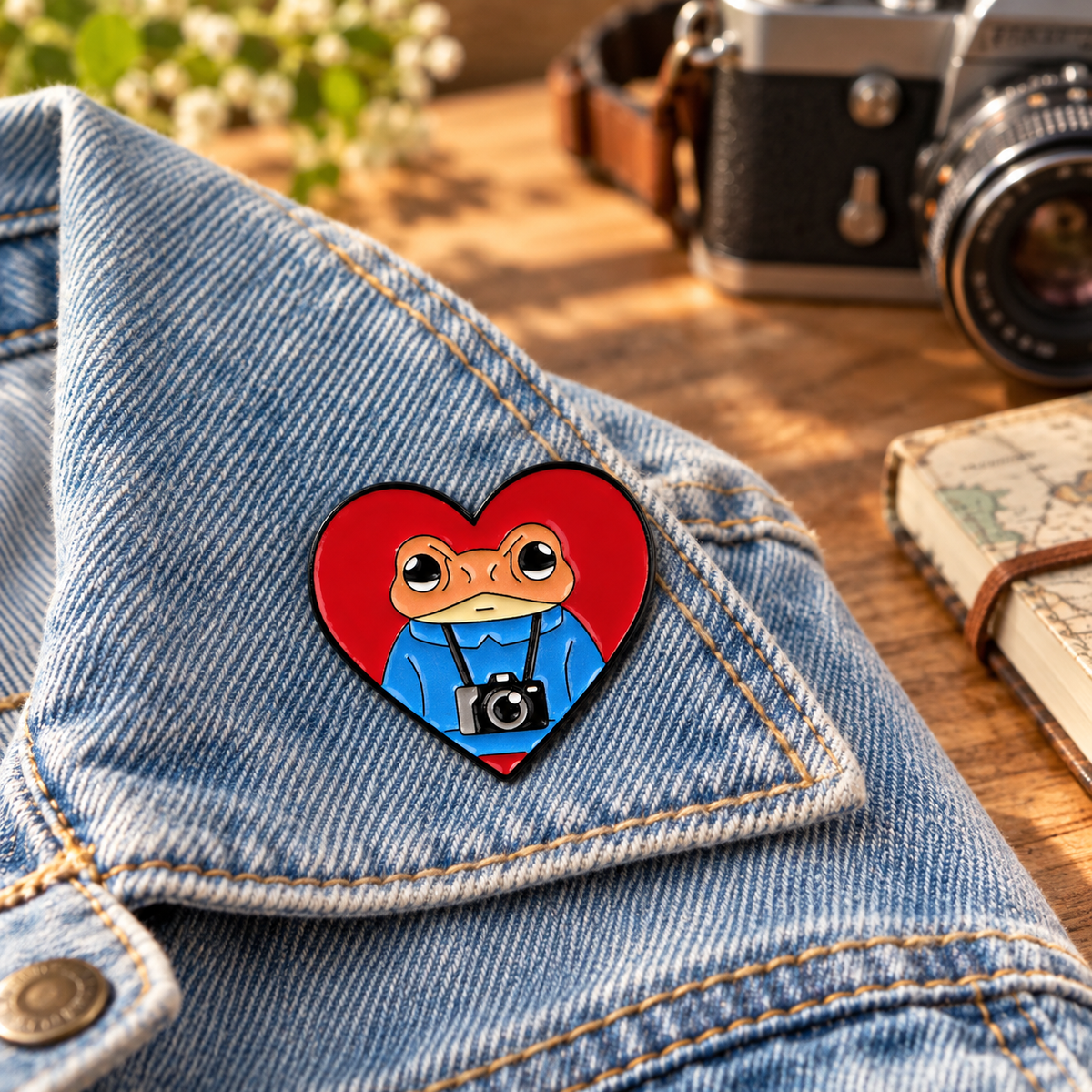 Bad Bunny enamel pin on a light denim jacket