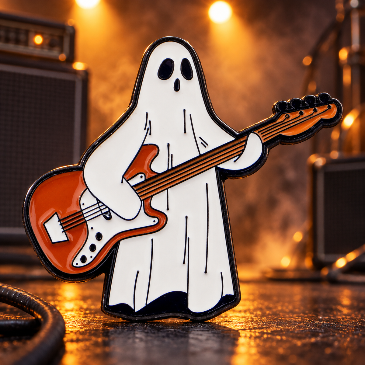 Bass Player Ghost Pin on a themed spooky background