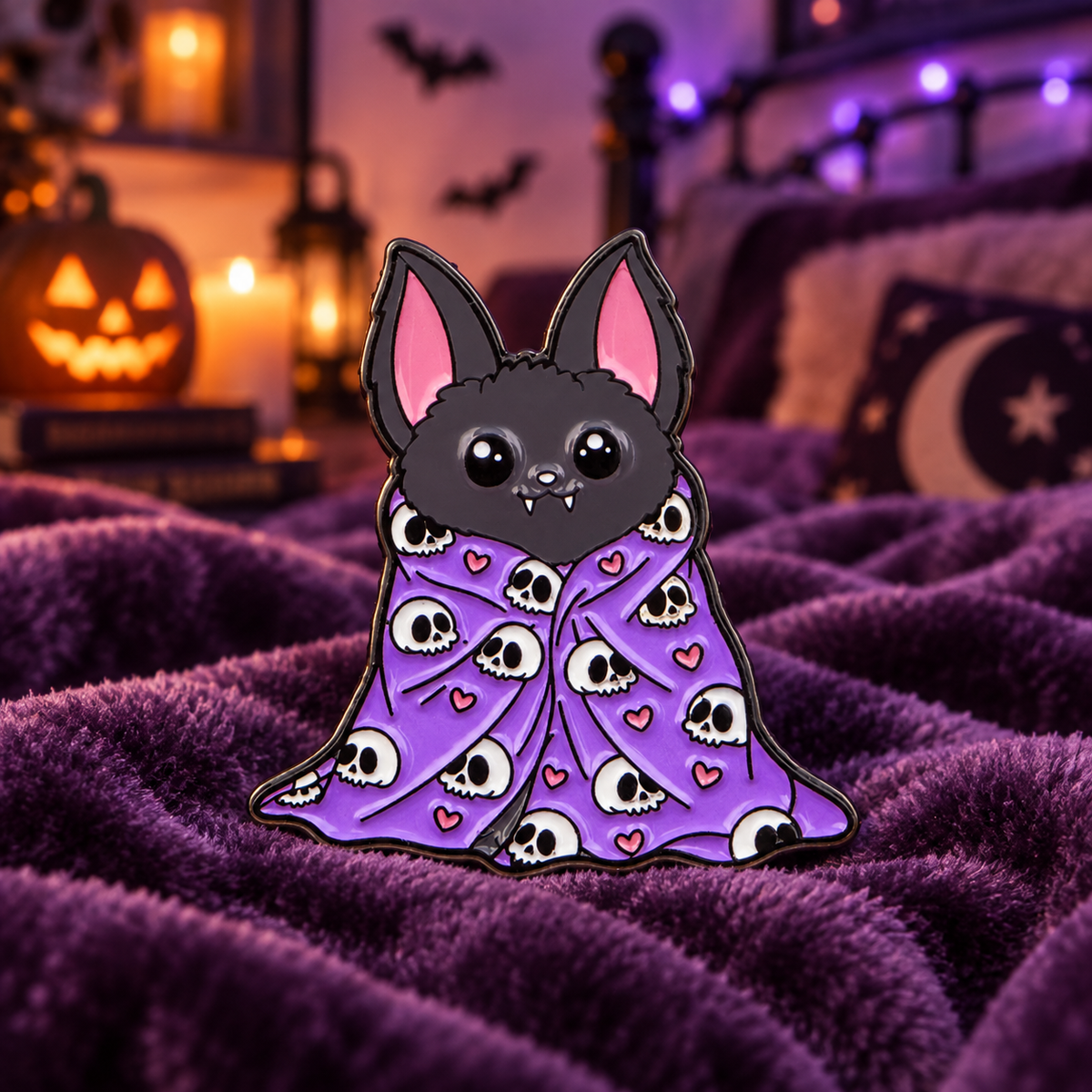 Bat in a Skull Blanket Pin enamel pin on a themed background