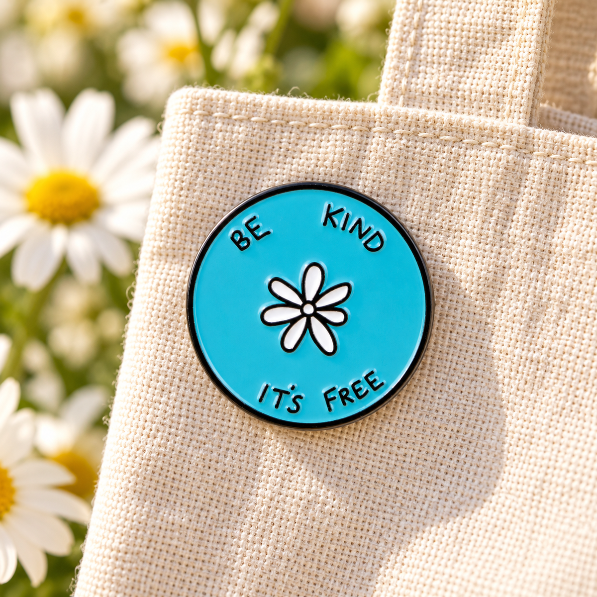 Be Kind It's Free enamel pin on a natural linen tote with daisies