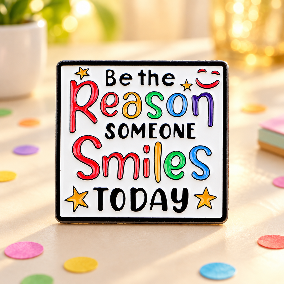 Be the Reason Someone Smiles Today enamel pin on a cheerful sunlit desk