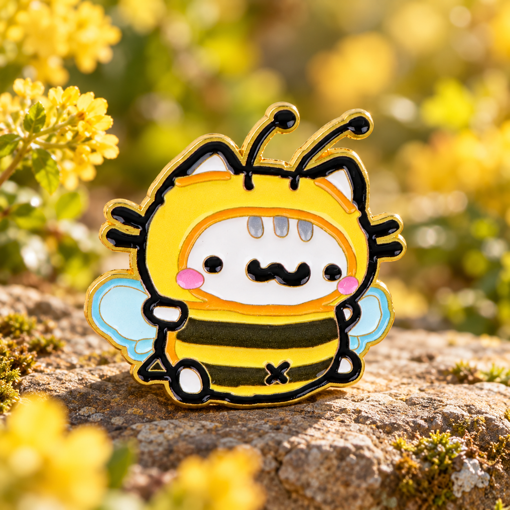 Bee costume cat enamel pin in a yellow flower garden