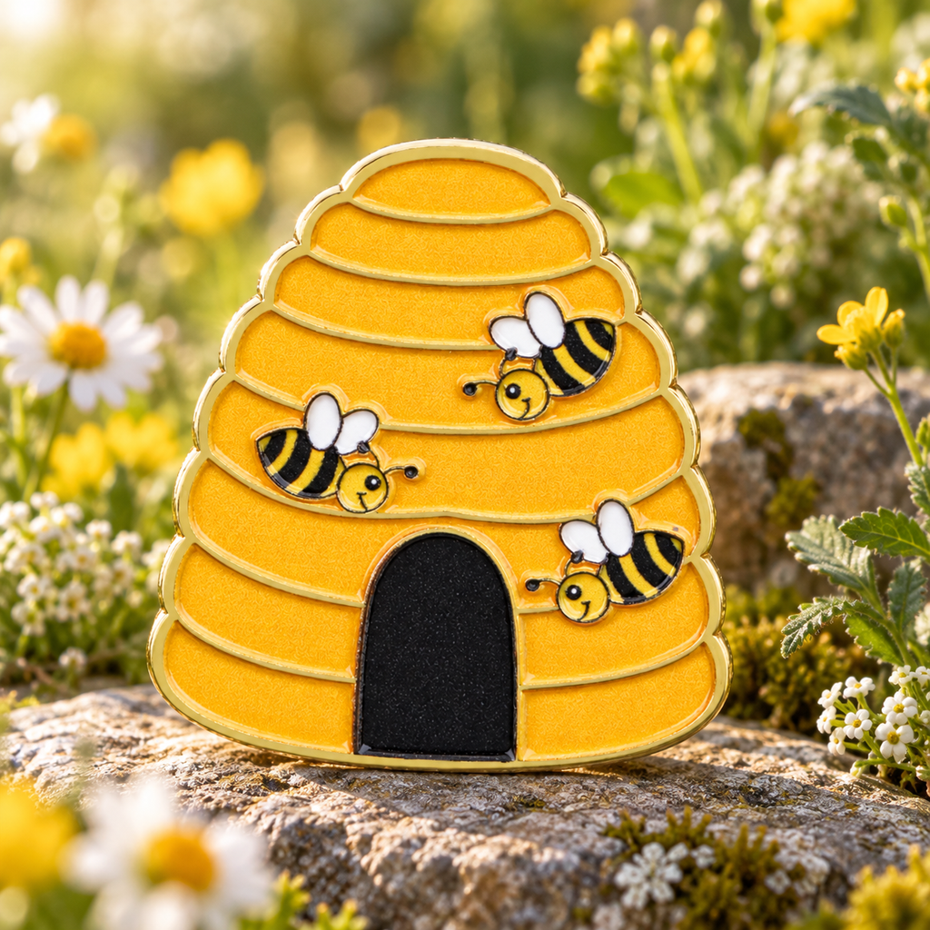 Beehive and Bees enamel pin in a sunny wildflower garden