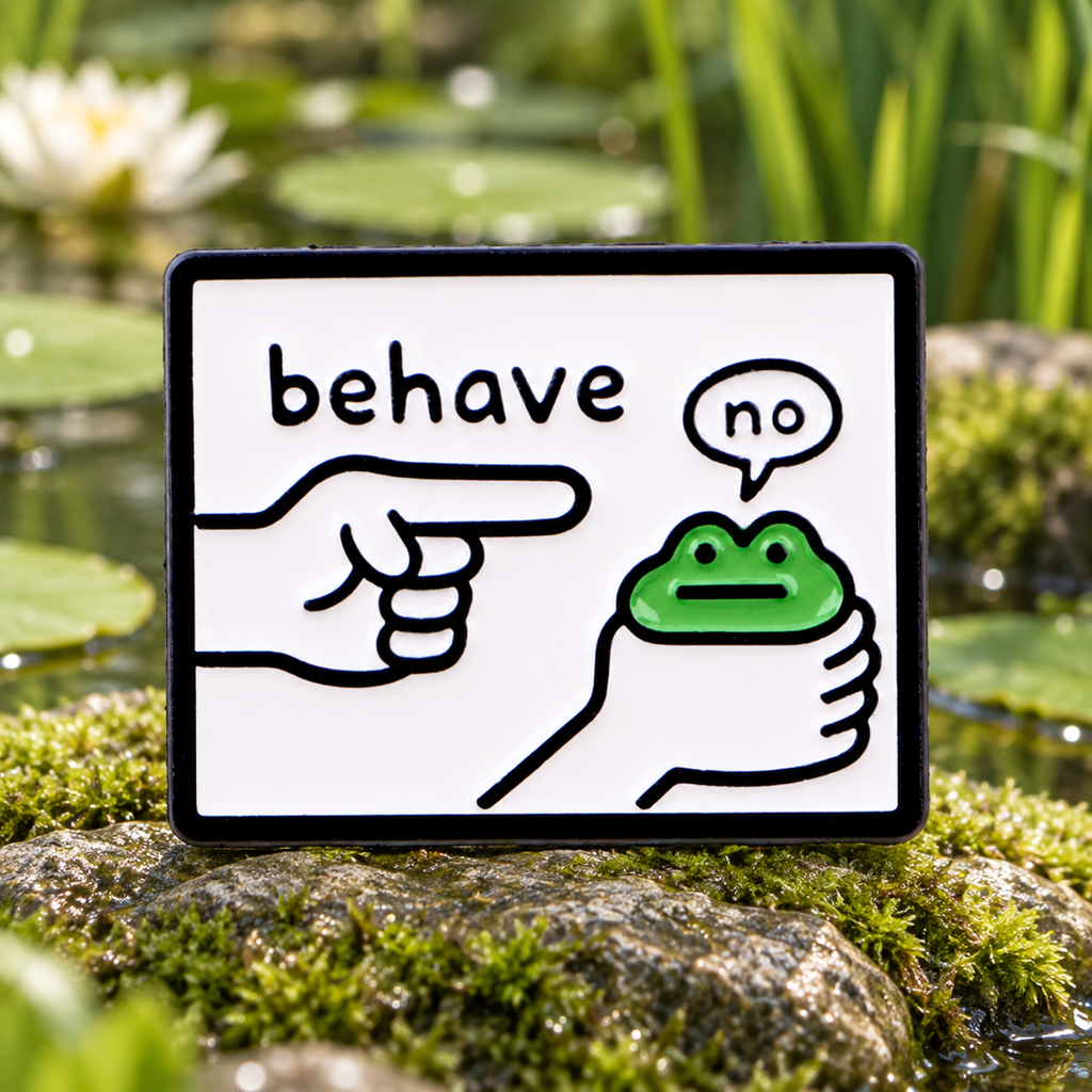 Behave No Frog enamel pin beside a green pond