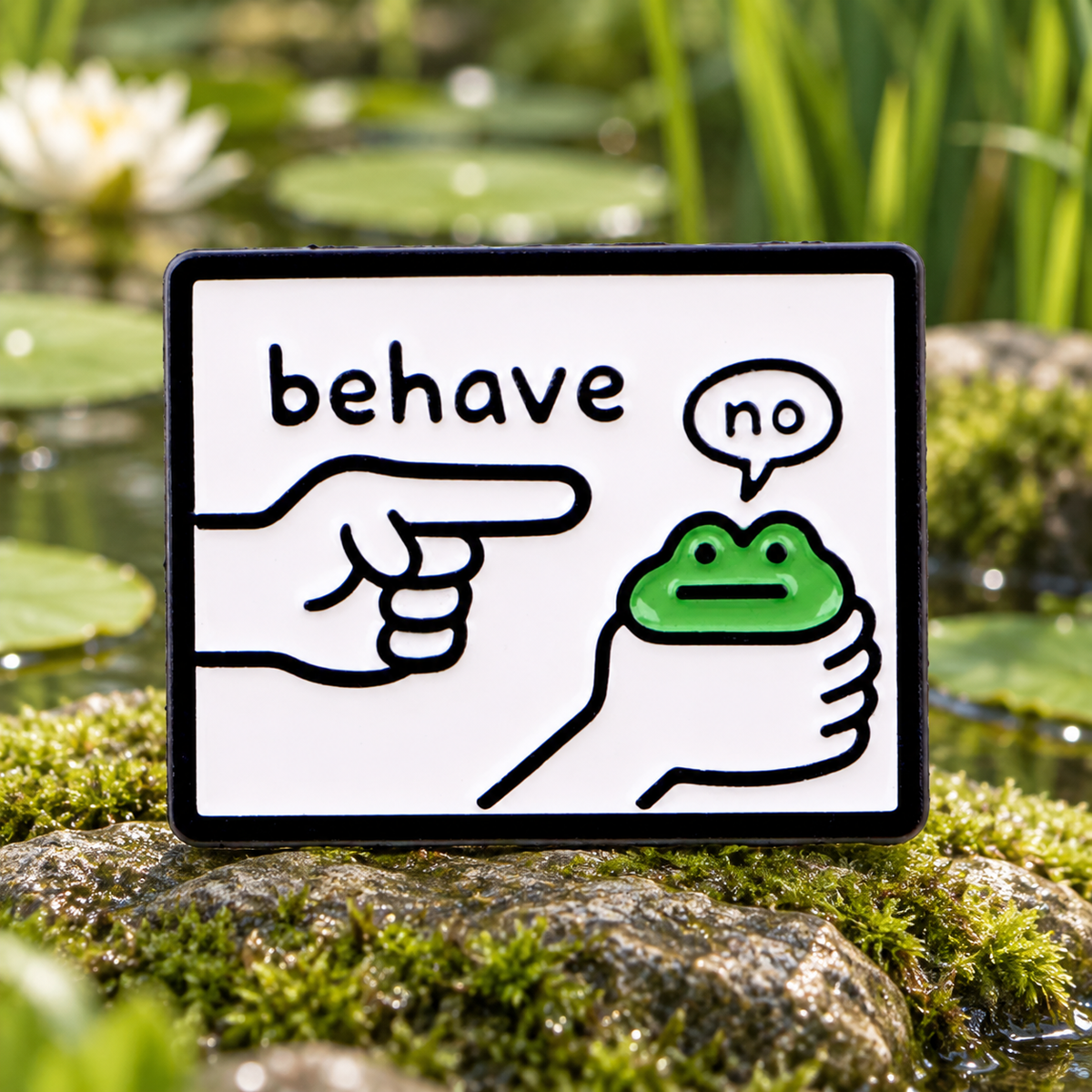 Behave No Frog enamel pin beside a green pond
