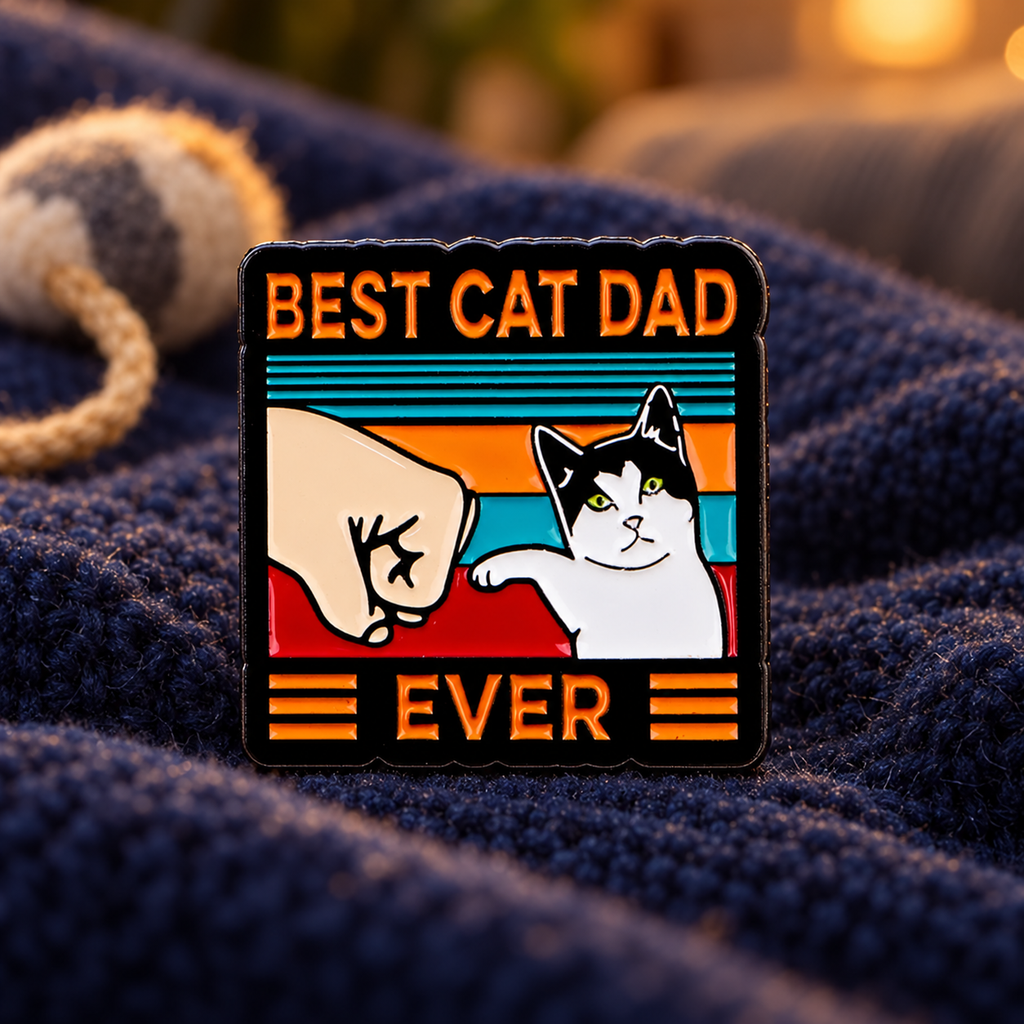 Best Cat Dad enamel pin on cozy navy fabric