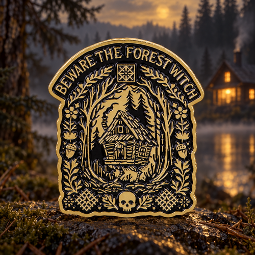Beware the Forest Witch Cabin Pin on a themed spooky background