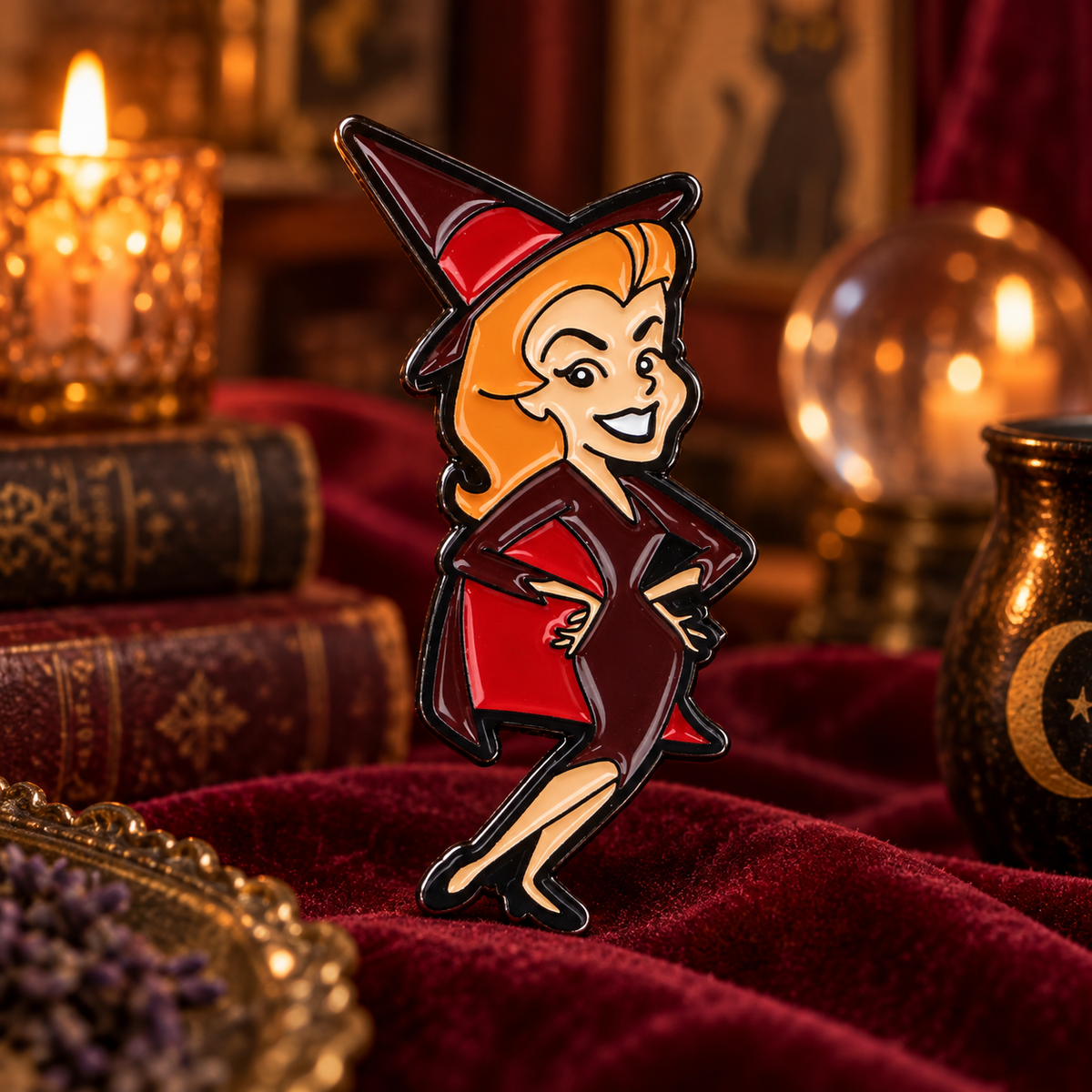 Bewitched Samantha Pin enamel pin on a themed background