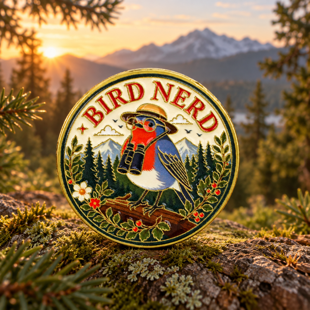 Bird Nerd Robin Pin against a mountain forest at sunrise
