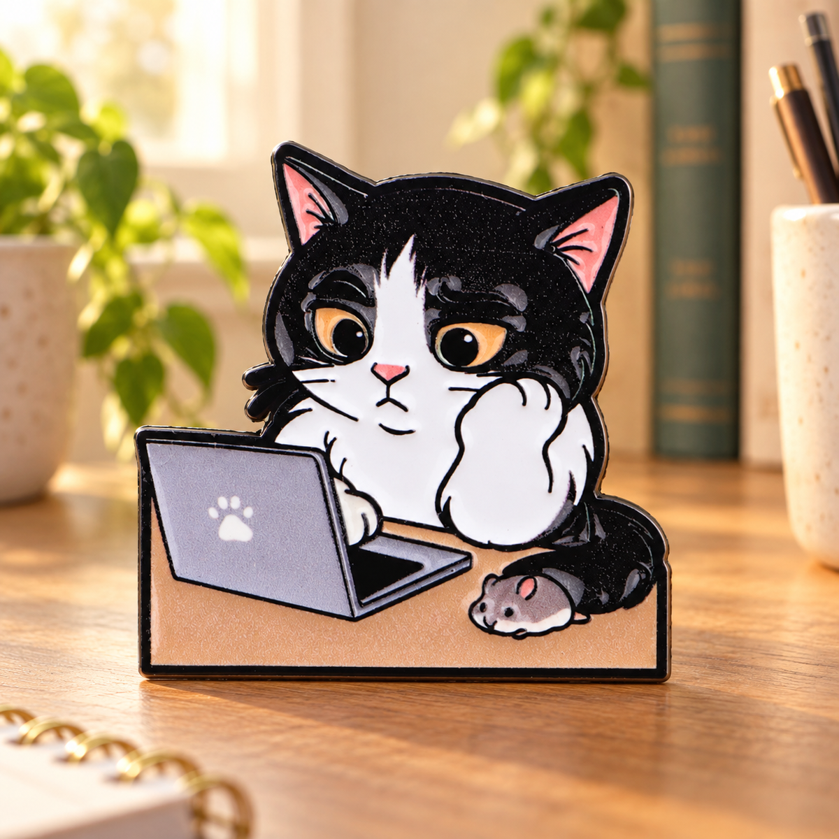 Black and White Cat at a Laptop Pin in a cozy home office