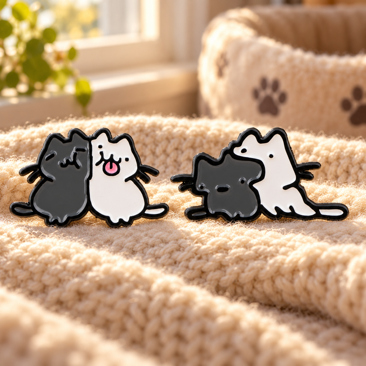 Black and White Cuddling Cat Pins on a cozy knitted blanket