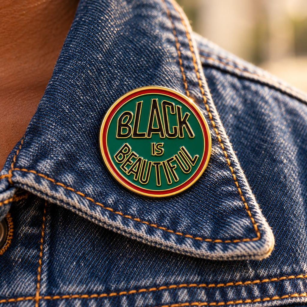 Black Is Beautiful enamel pin on an indigo denim jacket