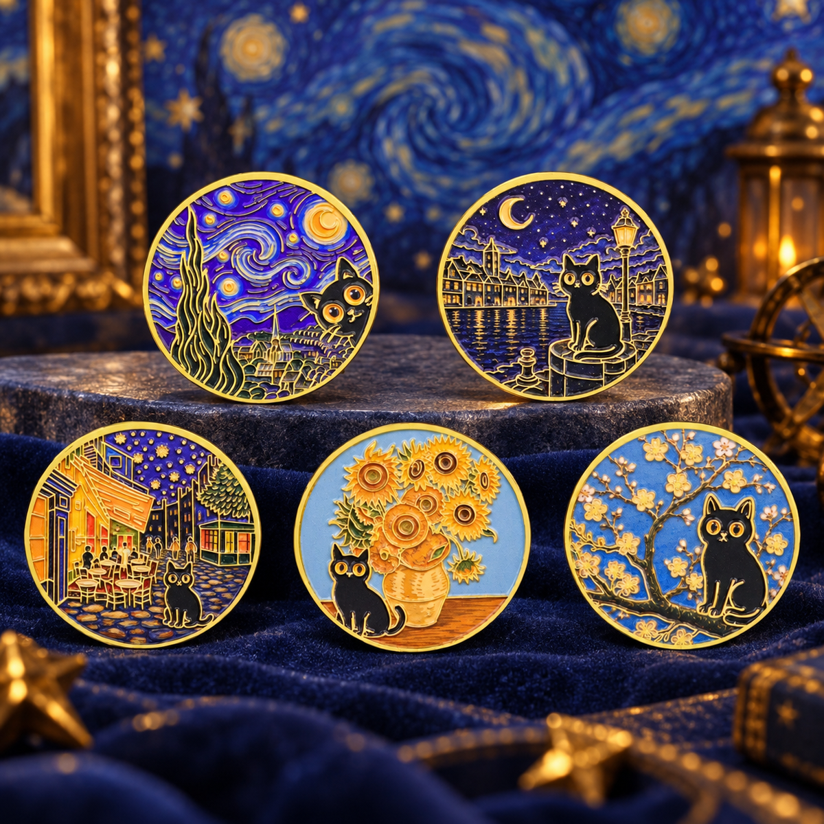 Five Black Cat Art Scene pin designs in a midnight-blue art gallery