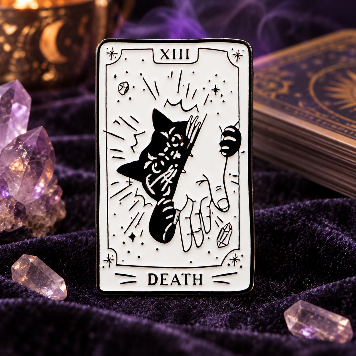 Black Cat Death Tarot Card enamel pin on mystical purple velvet
