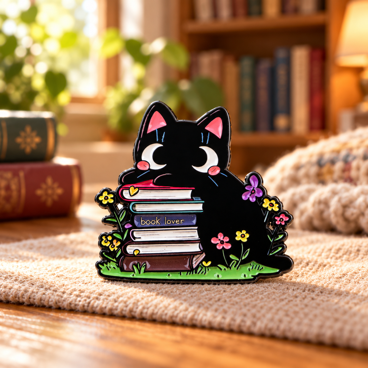Black Cat on a Stack of Books Pin in a cozy reading nook