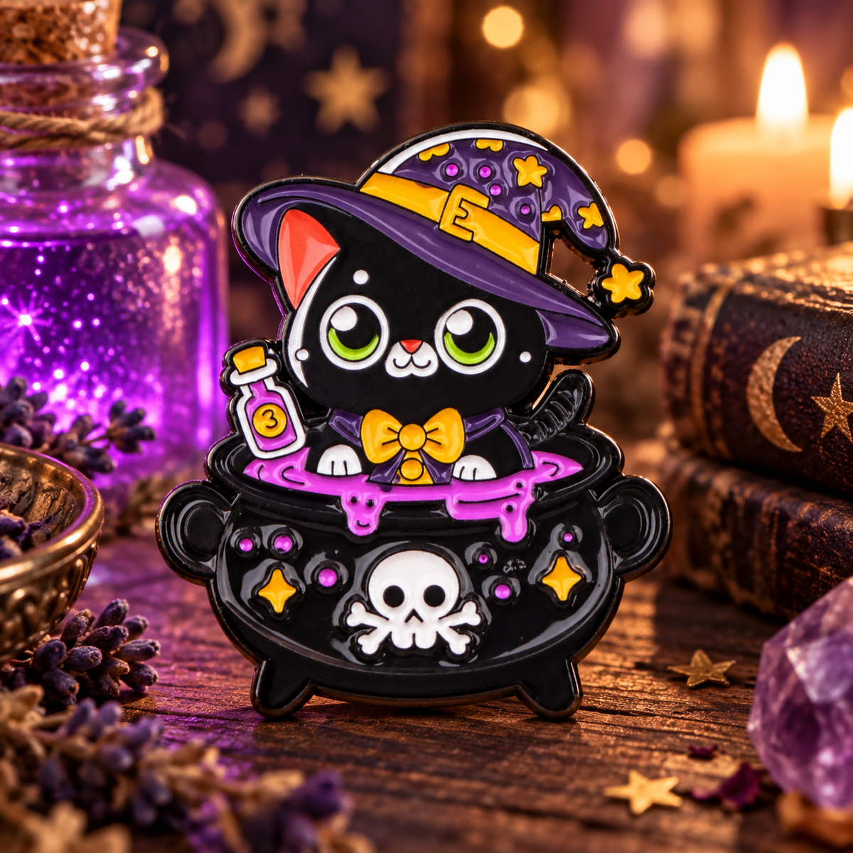 Black Cat Witch Potion Pin enamel pin on a themed background