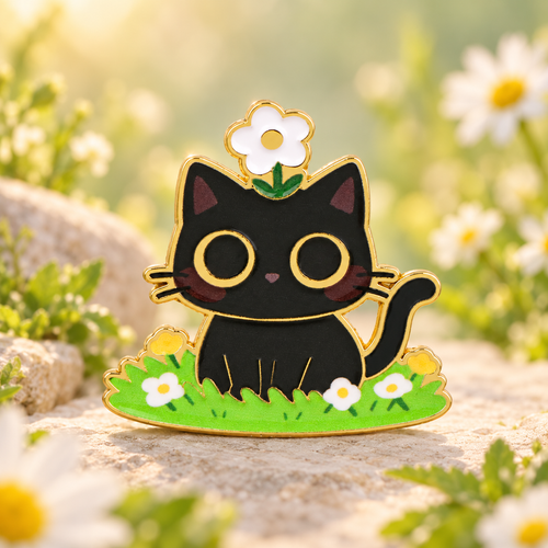 Black Cat with a Daisy enamel pin in a sunny daisy garden