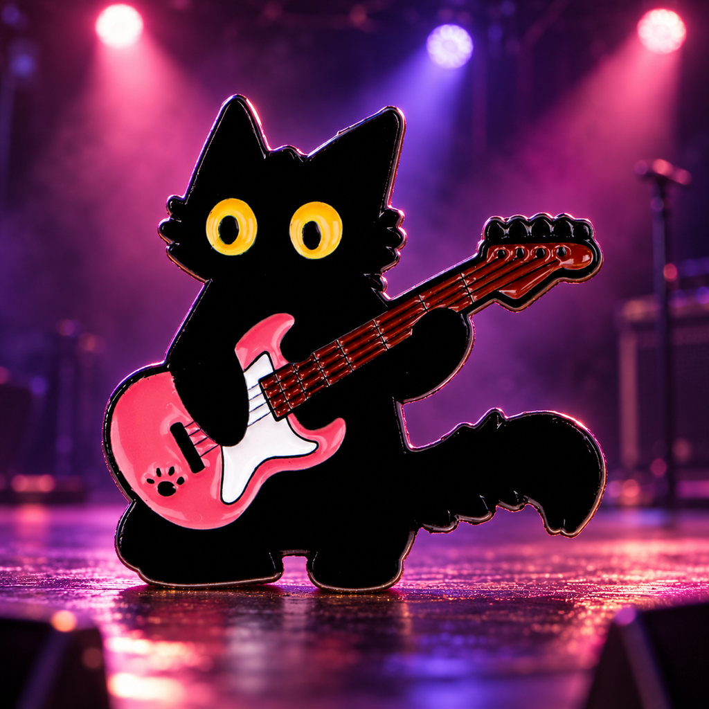 Black Cat with a Pink Guitar enamel pin on a concert stage