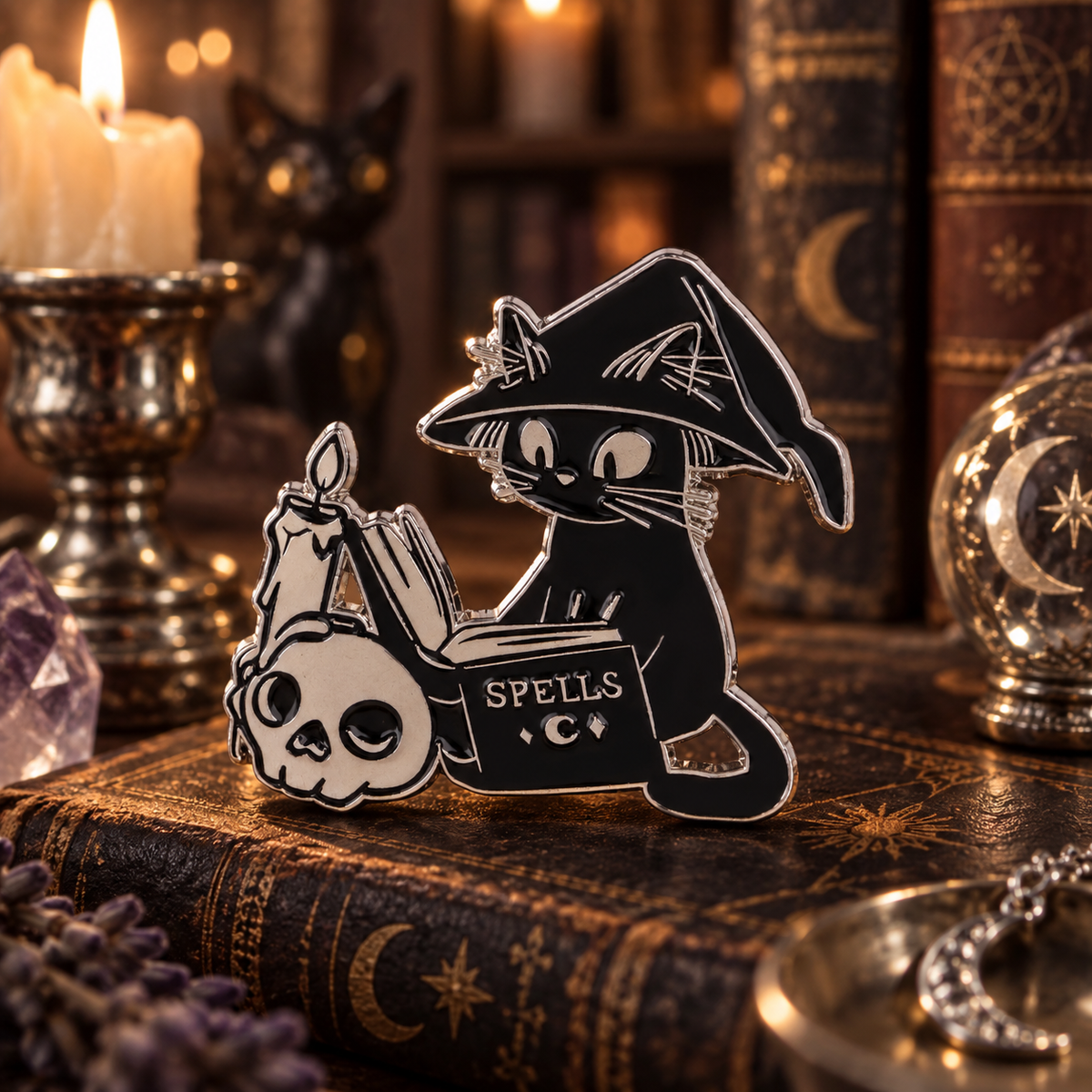 Black Cat with a Spell Book Pin on a themed spooky background