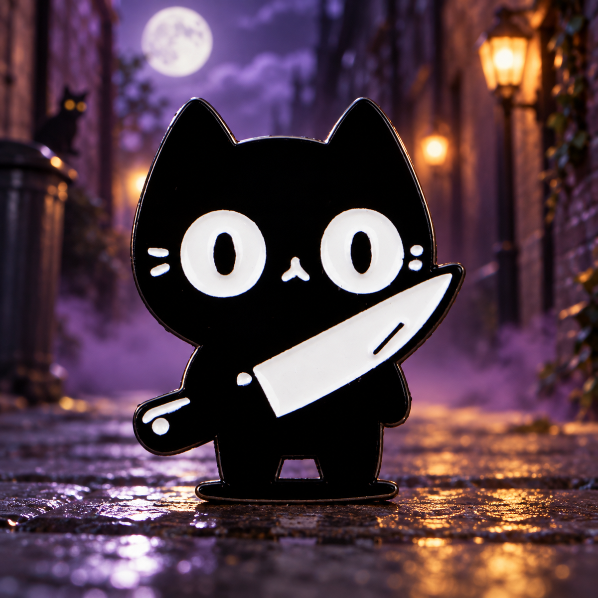 Black Cat with Knife Pin on a themed spooky background