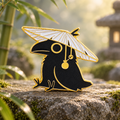 Black Crow in a Conical Hat Pin in a misty bamboo garden